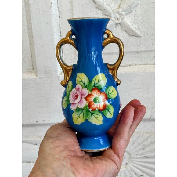 Vintage Pair 1950s Small Hand Painted Blue Flower Vases - Picture 2 of 11